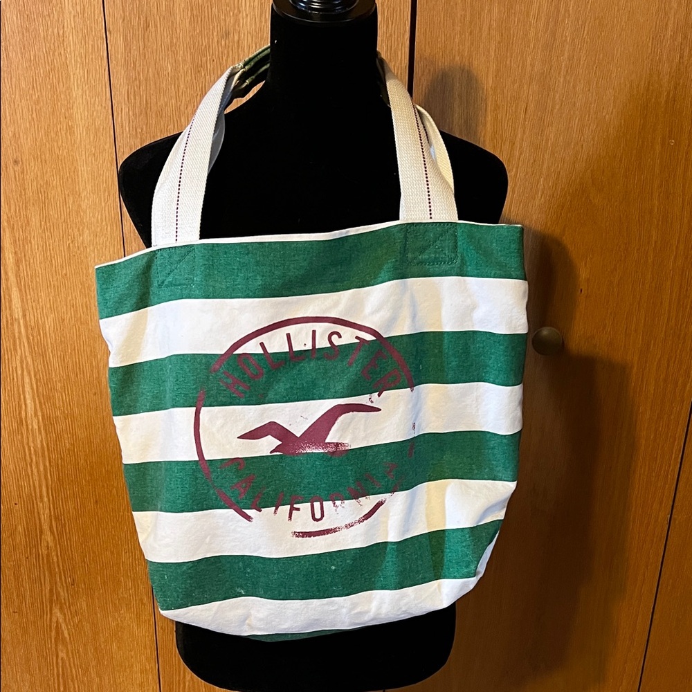 Vintage Hollister Women’s Large Canvas Tote Bag Green and white striped